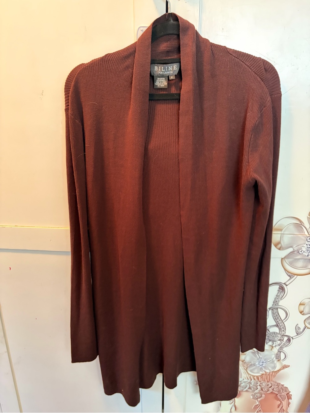 Biline Women's Long Open-Front Brown Ribbed Tunic Cardigan